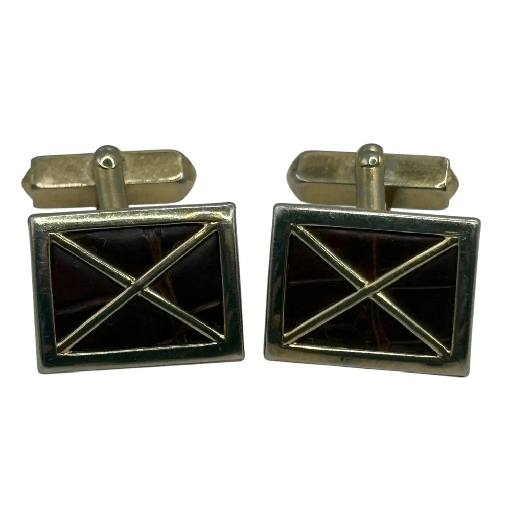 Swank Cuff Links Brown Leather Alligator Style VTG Gold Tone‎ Rectangle X Design